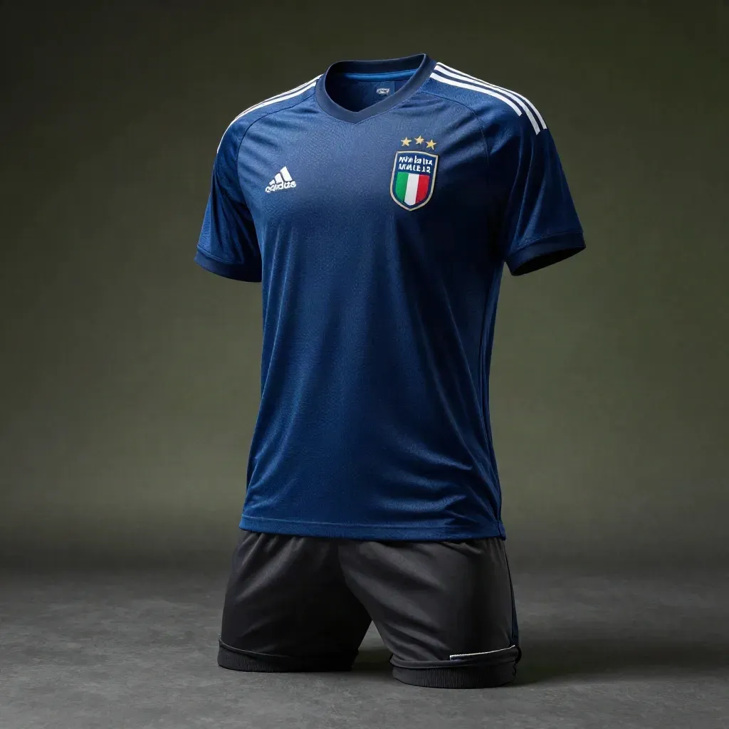 Maglia azzurra da trasferta con shorts e calzettoni su base scura, luce drammatica