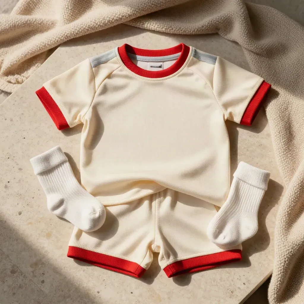 Mini maglia Italia bambino con pantaloncini e calzettoni tra pieghe di maglia crema