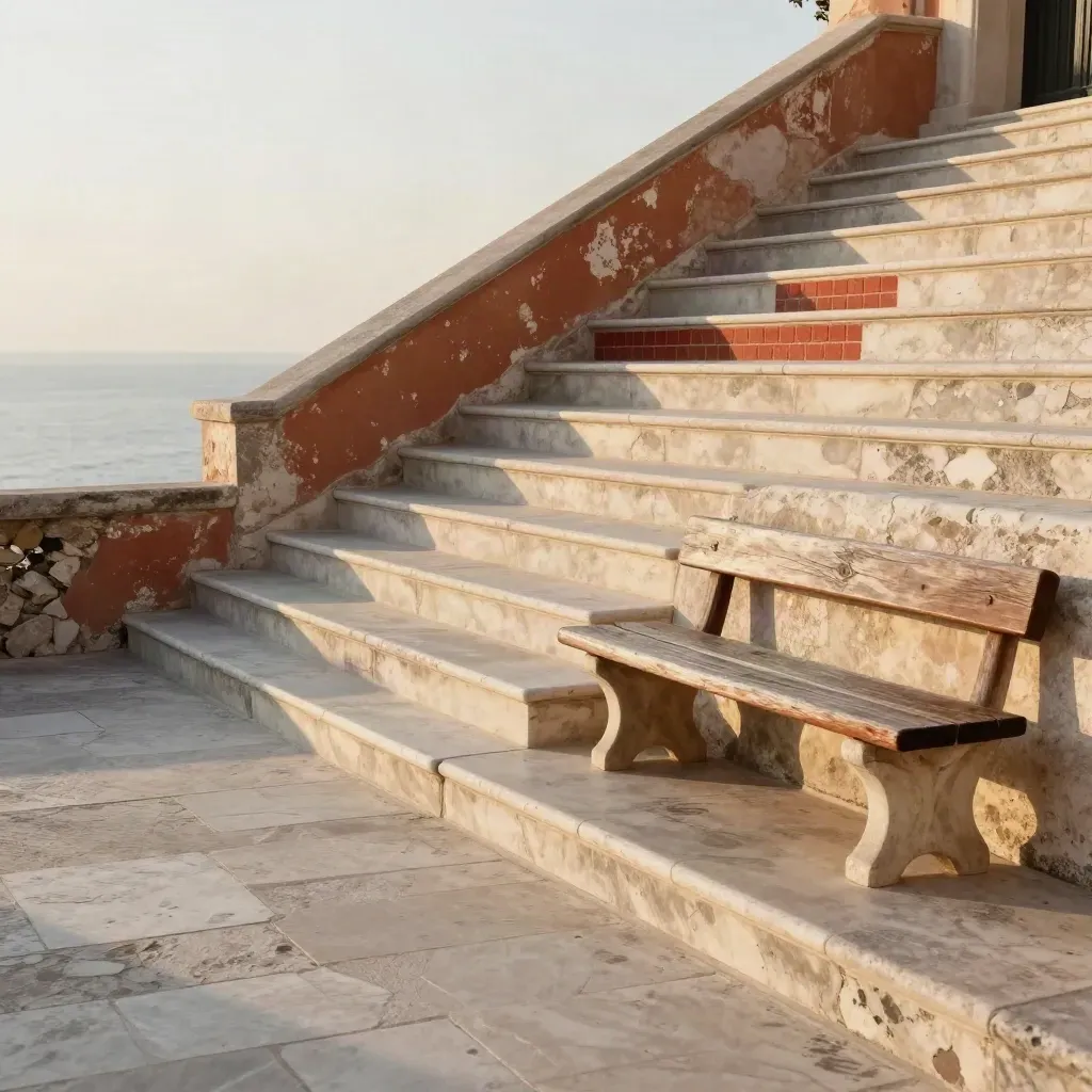 Gradini in pietra al tramonto, panca vissuta e muro di terrazza sul mare.